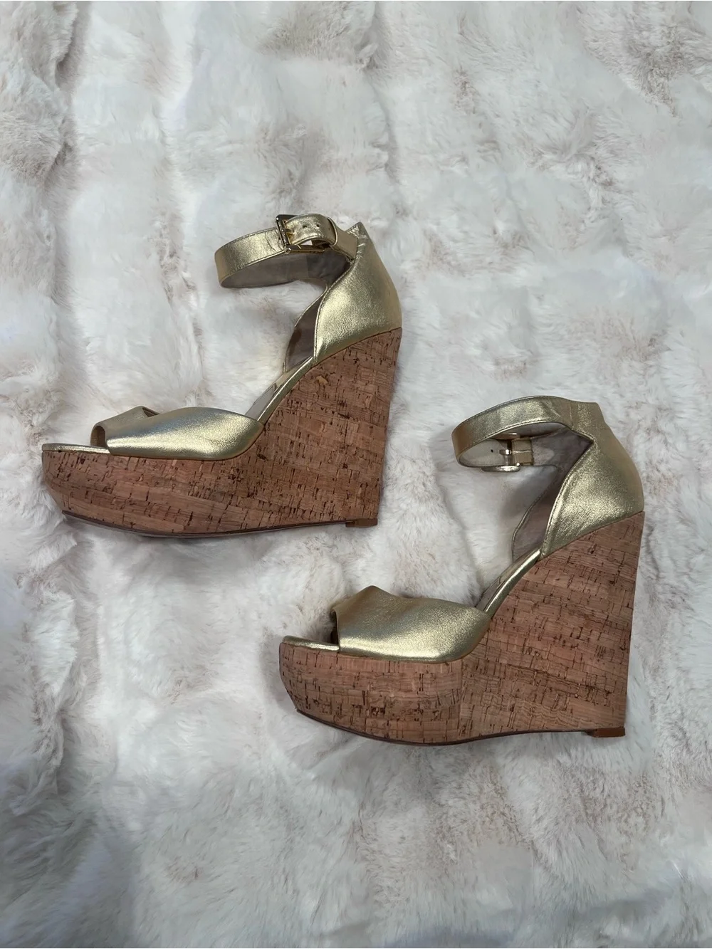 Michael Kors Metallic Gold Cork Wedge Sandals with Ankle Strap